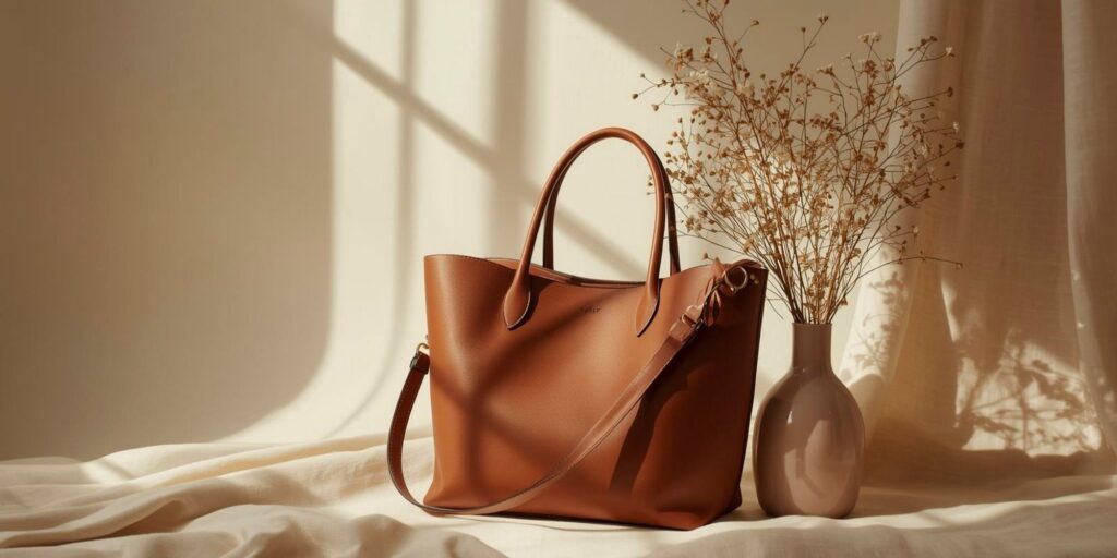 Brown leather handbag next to a vase of flowers