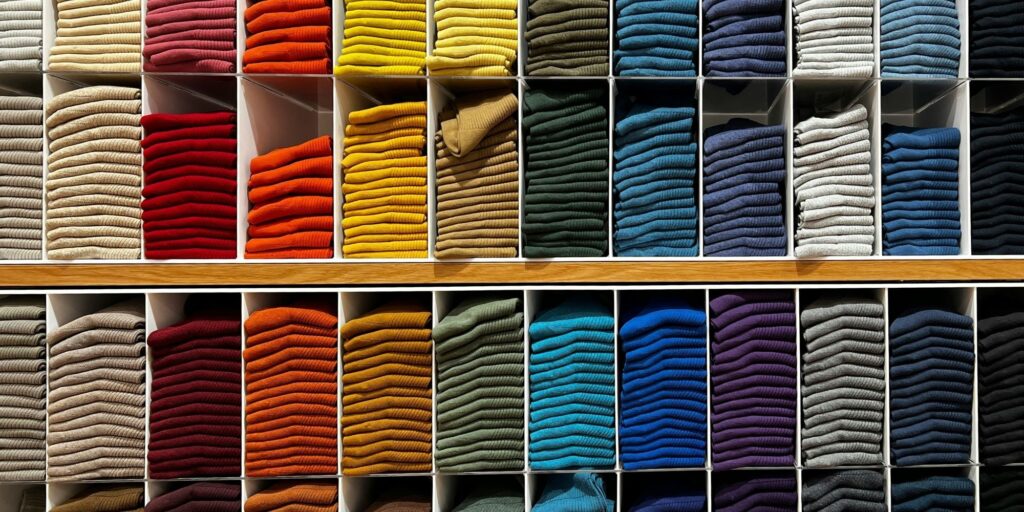 Colourful t-shirts folded on display in Uniqlo, the best place to shop for basics on a budget