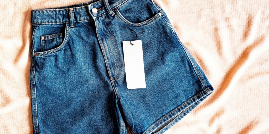 jorts jean shorts placed on a peach colored bedsheet