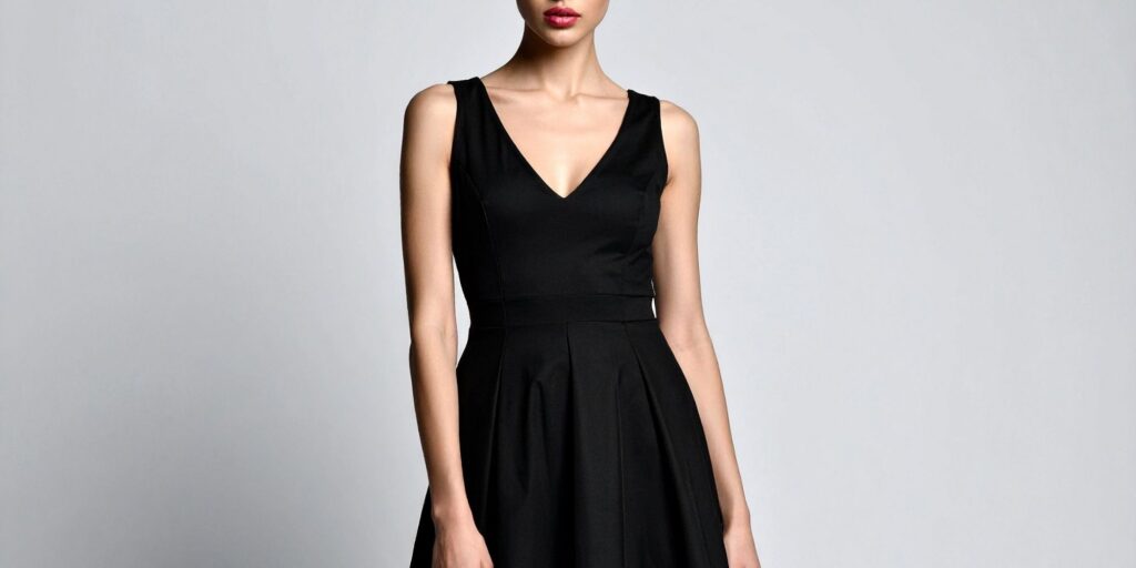 model wearing a black dress with bright red lipstick