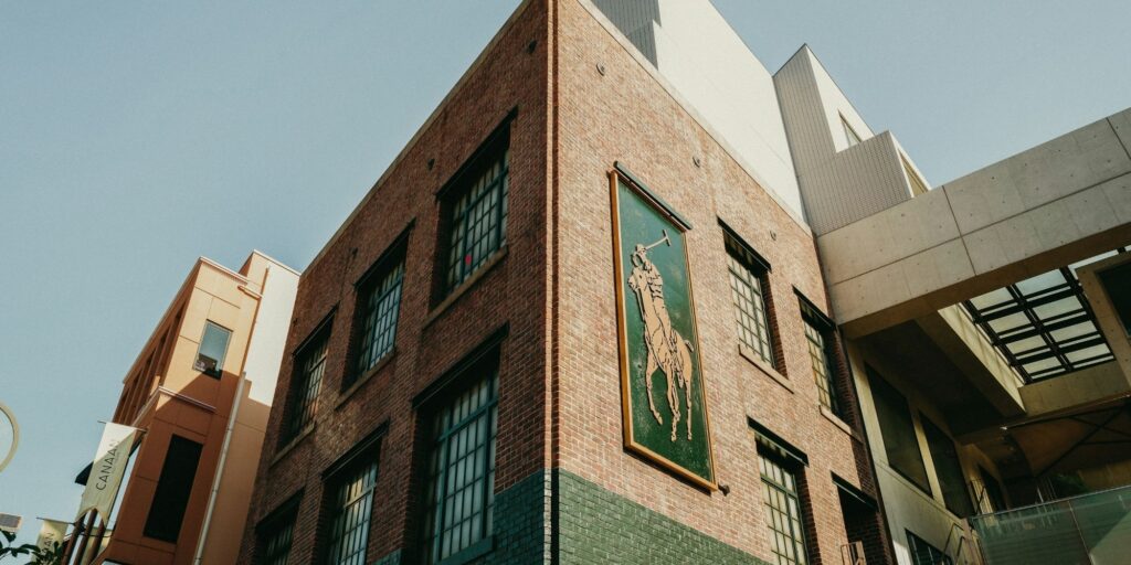 The exterior of a Ralph Lauren store with big logo