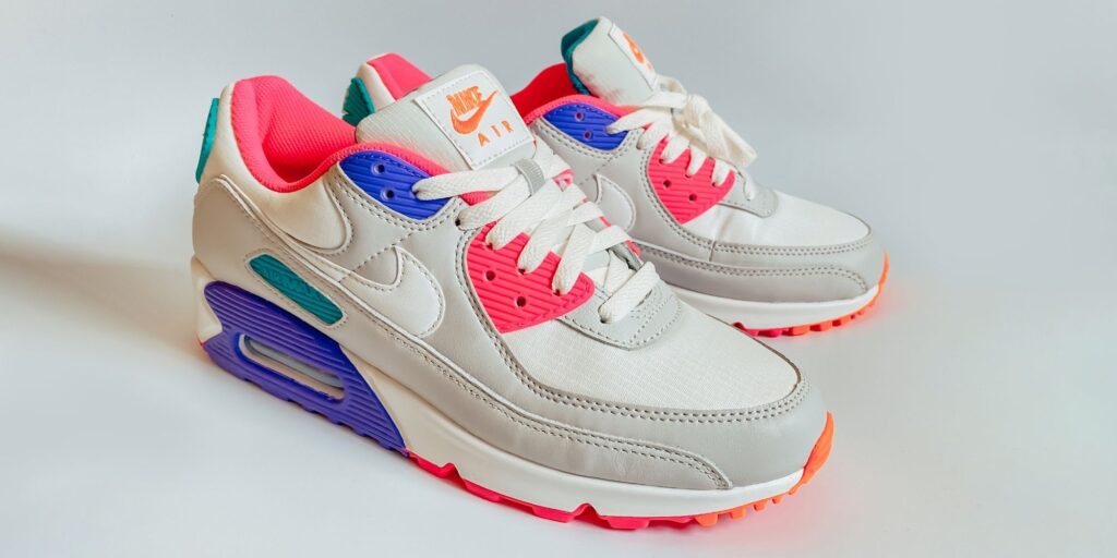 A pair of retro colored nike air max sneakers
