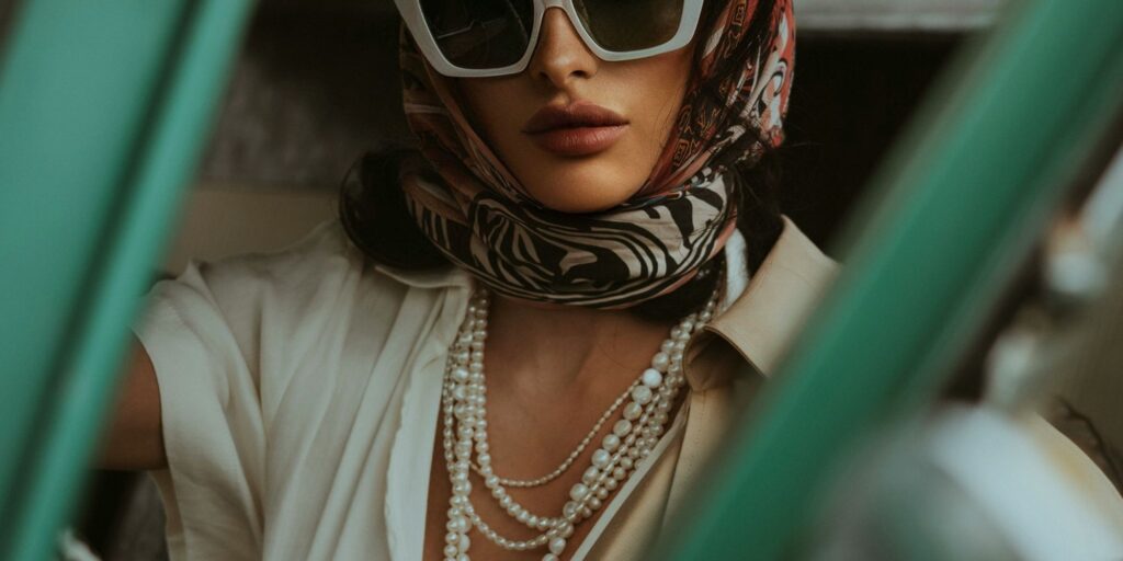 woman in a green car wearing a head scarf and lots of necklaces. It's very 1920's look